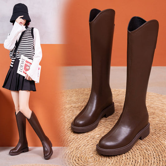 Small Height Increasing Insole Knight Female Autumn Below The Knee Women's Leather Boots