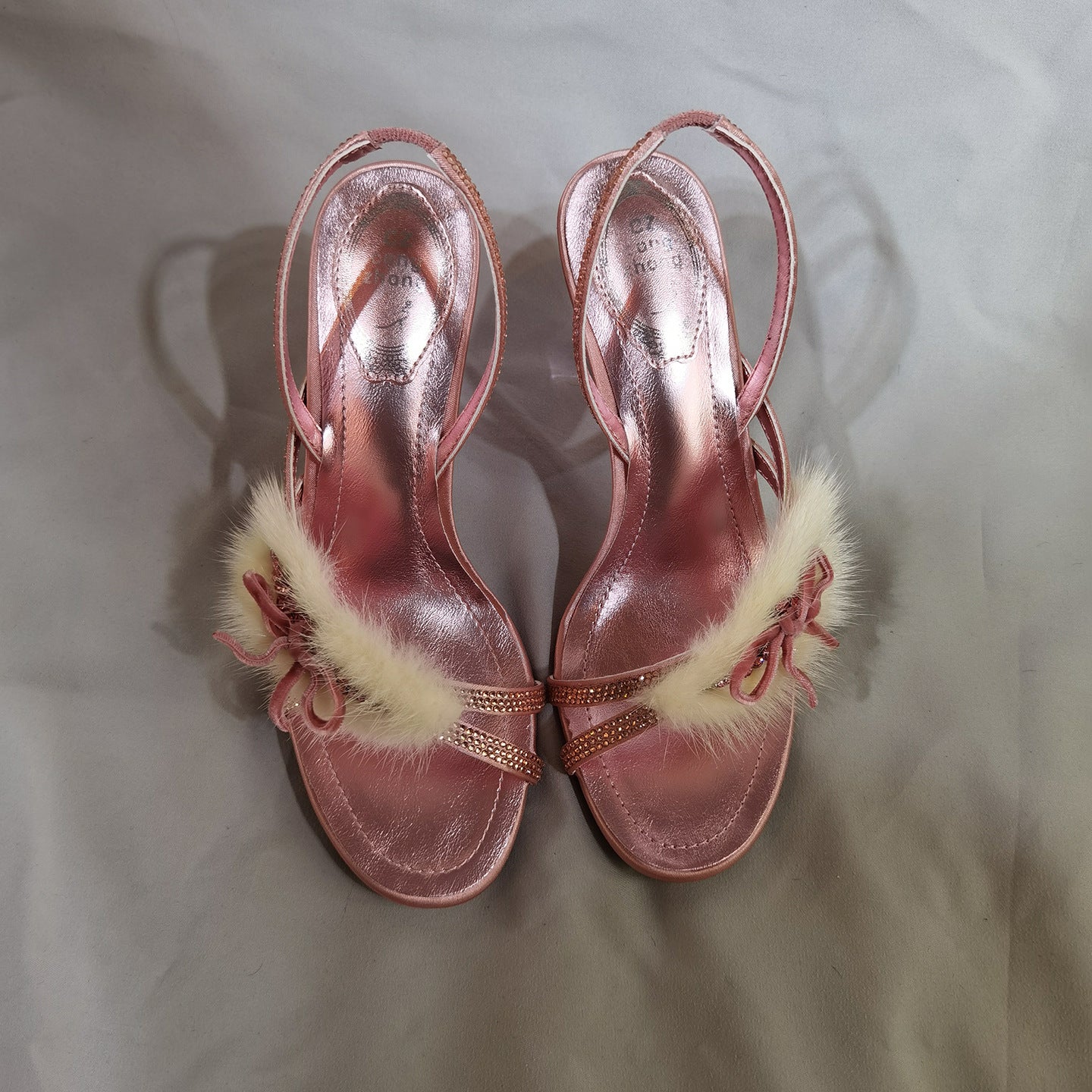 Women's Mink Fur Stiletto Banquet Party Open Toe Rhinestone Heels