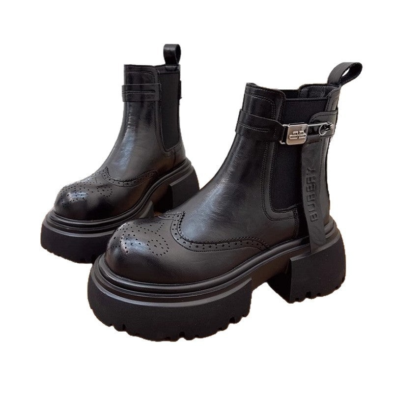 Women's Autumn British Style Thick Bottom Brogue Women's Leather Boots