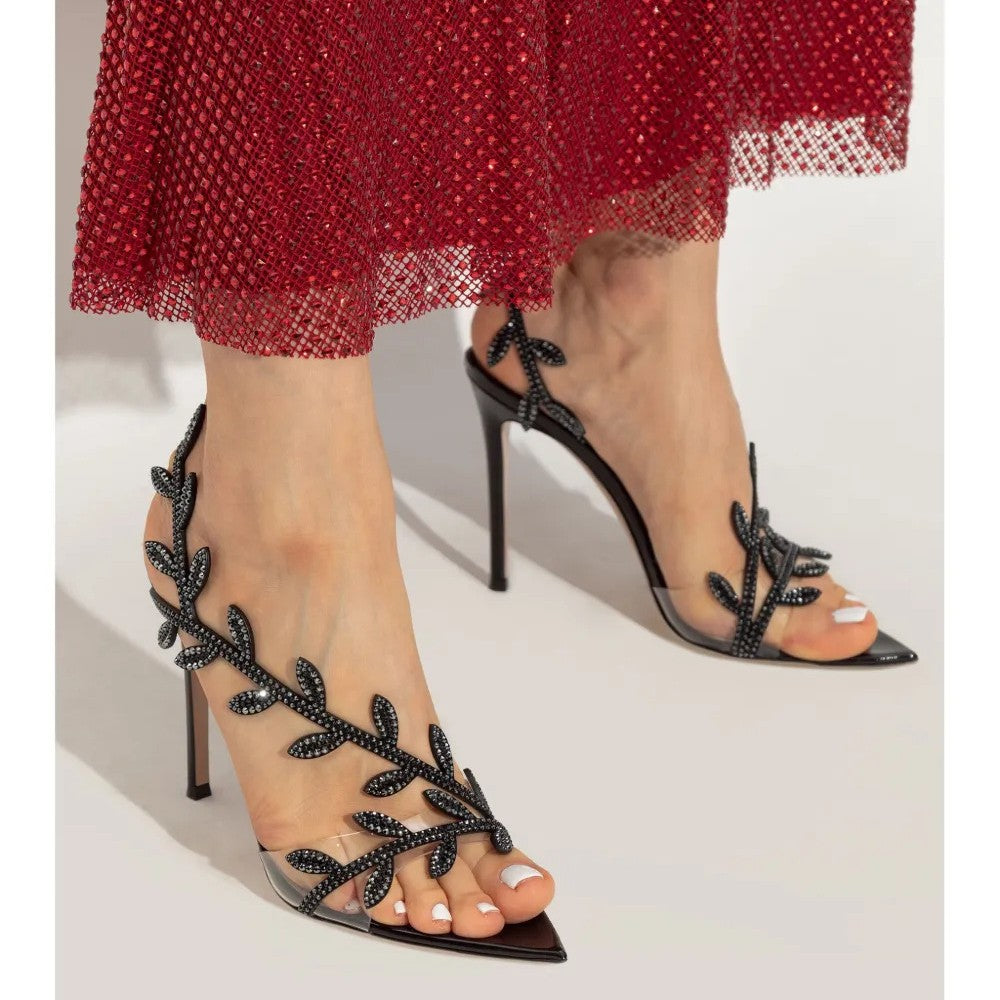 Summer Leaves Rhinestone Fairy Style Stilettos Pointed Toe High Heeled Sandals