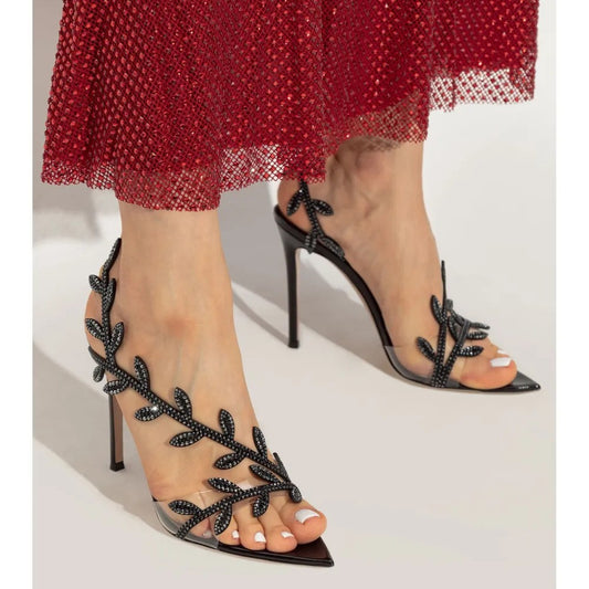 Summer Leaves Rhinestone Fairy Style Stilettos Pointed Toe High Heeled Sandals