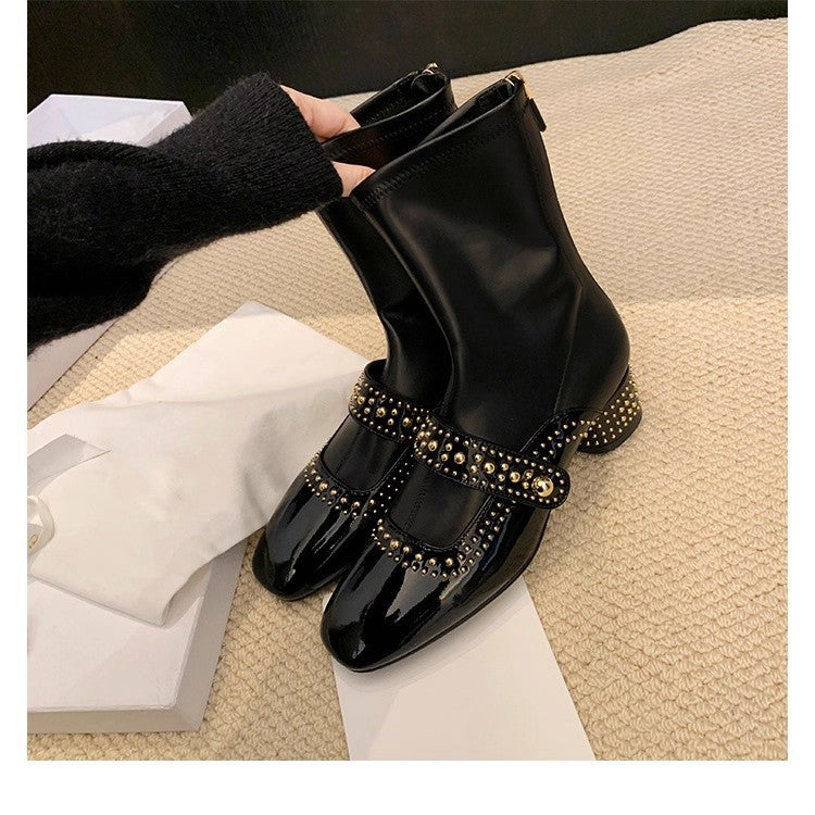 Square Toe Rivet Strap Knight Thick Thin Female Grape Women's Leather Boots