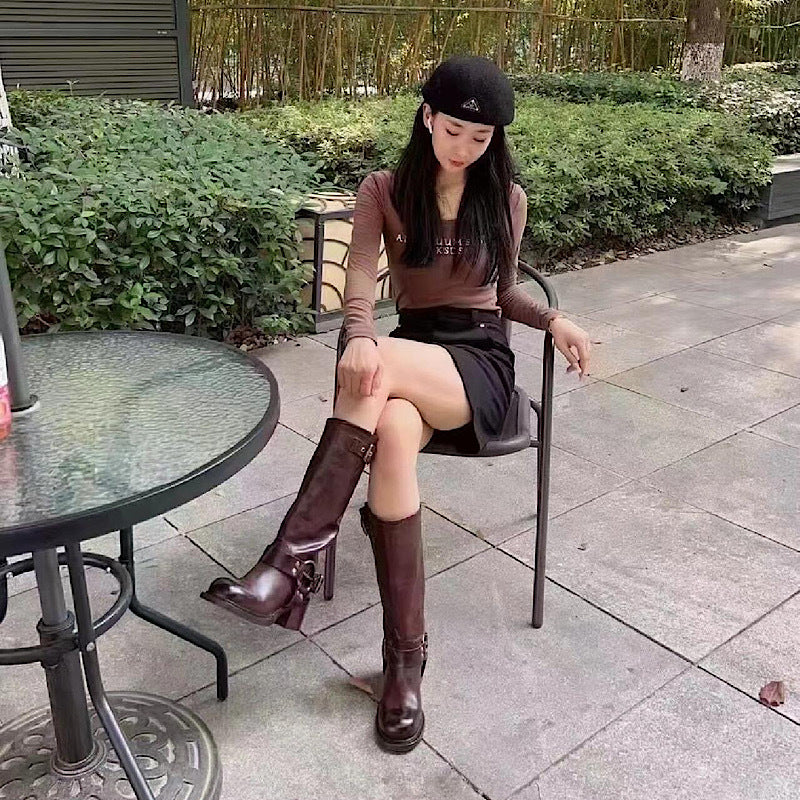 Women's Style Knight Engineer Wide Tube Slimming Modified Leg Women's Leather Boots