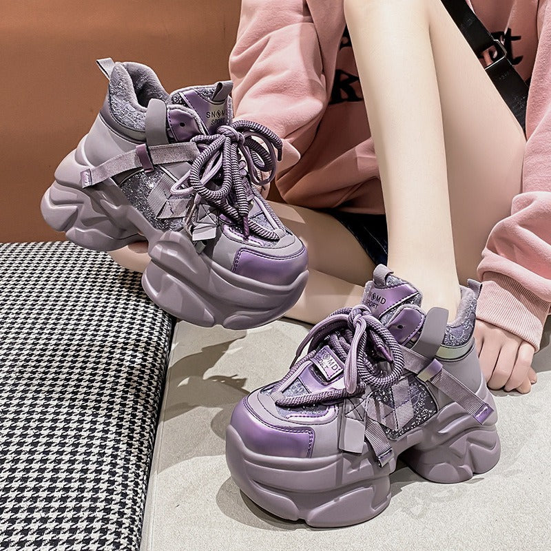 Women's Winter Fleece-lined Polyurethane Platform Dad Height Women's Sports Shoes