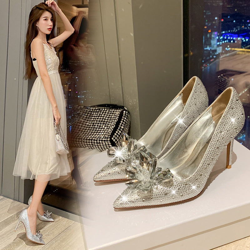 Women's Cinderella Crystal Stiletto Pointed Toe Low-cut Rhinestone Plus Size Bridal Women's Fashion Shoes