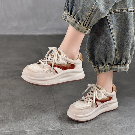 Women's Top Layer Cowhide Round Toe Lace Up Platform Spring Sports Casual Shoes