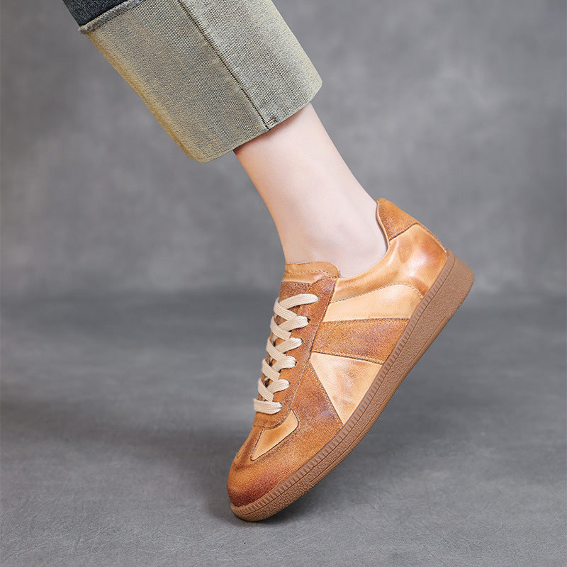 Layer Cowhide Handmade Retro German Training Round Toe Women's Sports Shoes