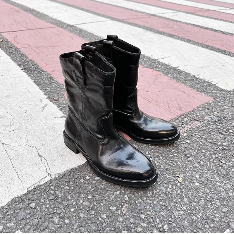 Women's Black Retro Fashion Western Denim Fashionable Chunky Women's Leather Boots