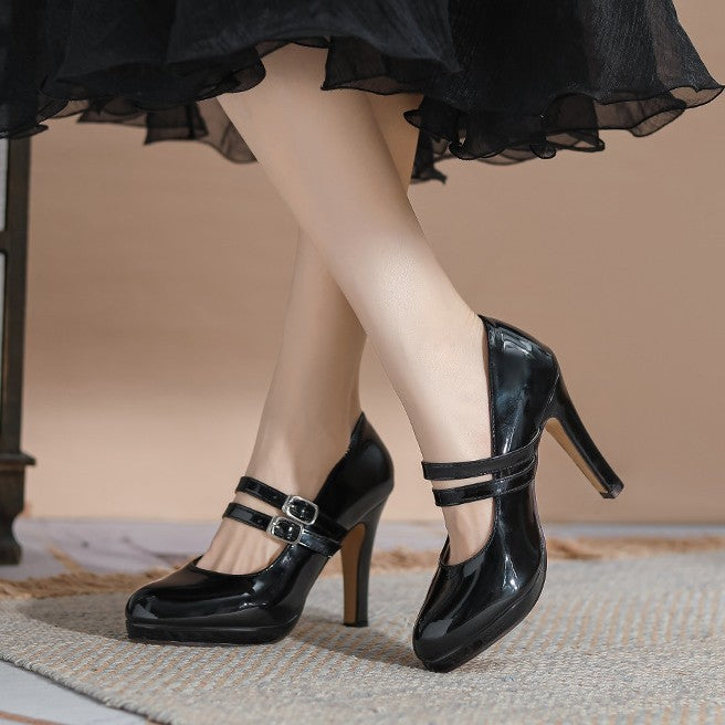 French Style Round Toe High Chunky Black With Double Buckle Women's Fashion Shoes