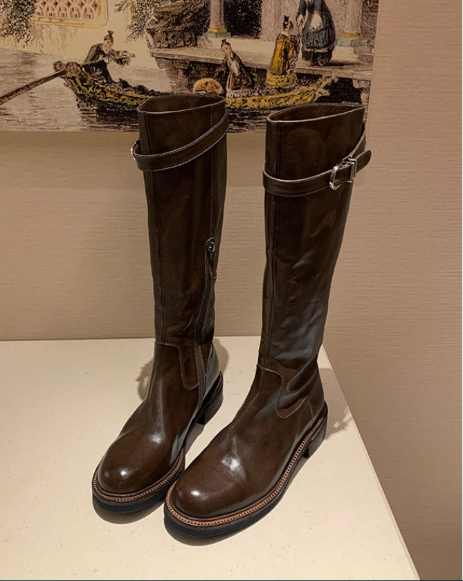 Women's Version Washed Horse Round Head Chunky Thick Bottom Raised Leg Boots