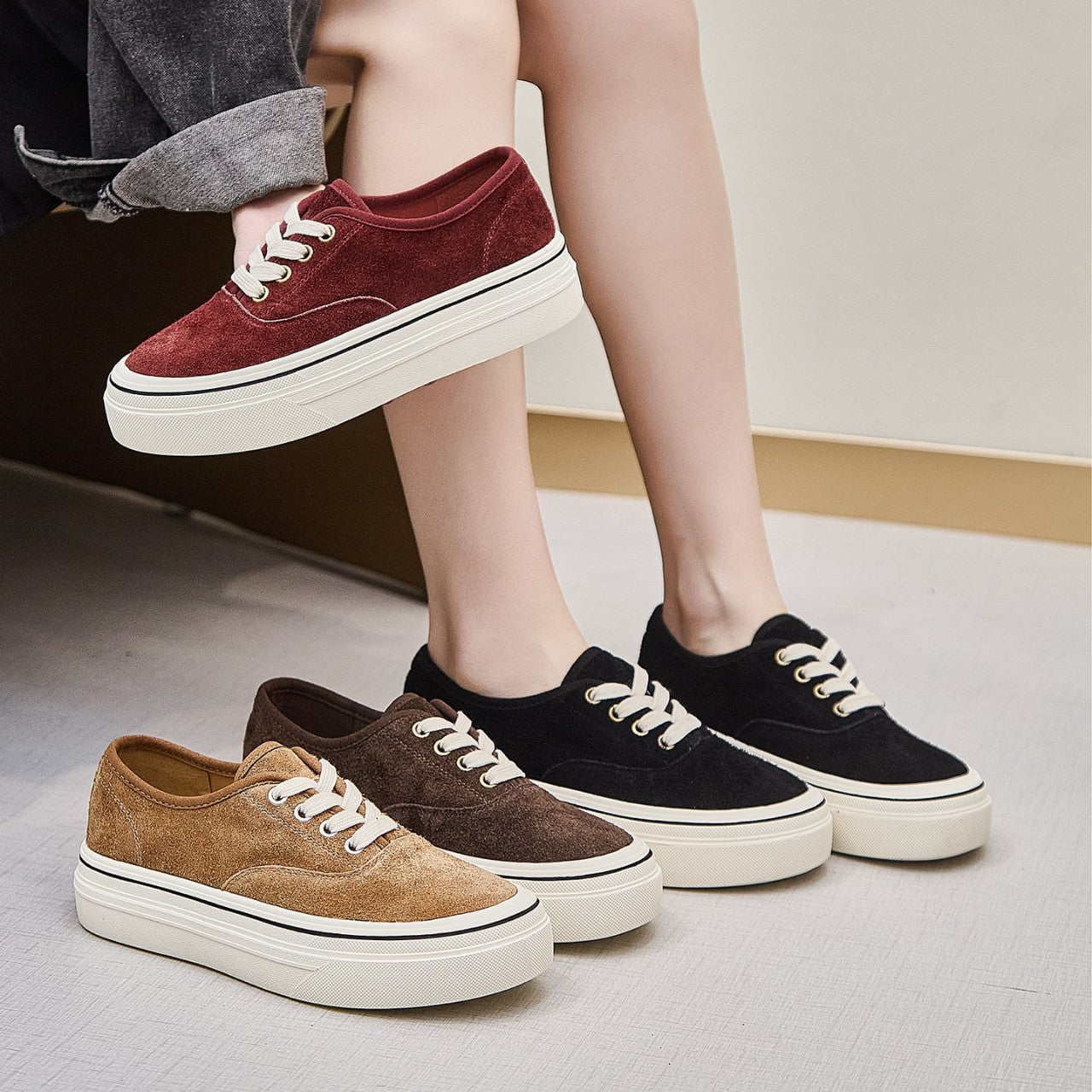Women's Layer Cowhide Reverse Made Board Thick Bottom Korean Sneakers