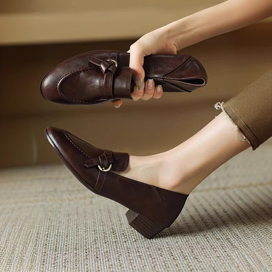 Women's Chunky French Round Toe Vintage Pumps Heels