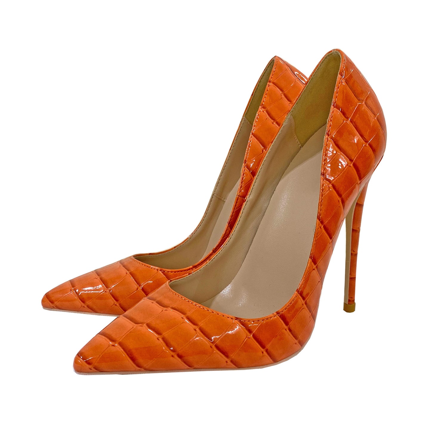 Women's Orange Snakeskin Pointed Toe Stiletto Low-cut Women's Fashion Shoes