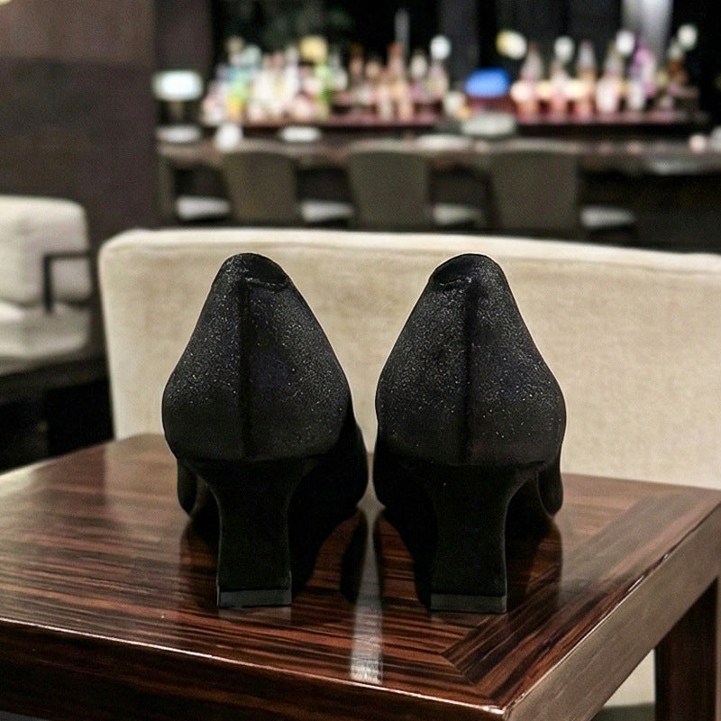 Women's Black Square Toe Chunky Rhinestone Buckle Niche High Sense Women's Fashion Shoes