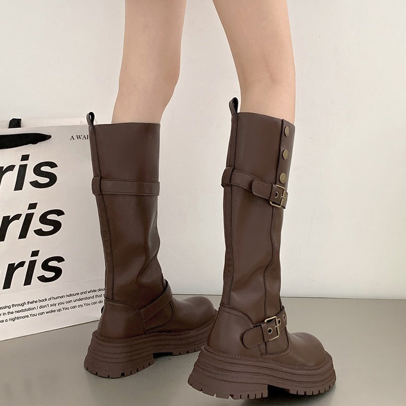 Women's Brown Retro British Style Chunky Platform Below Heels