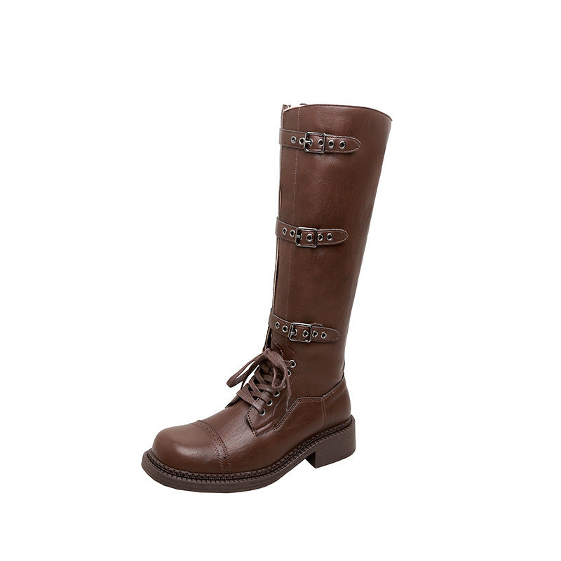 Cowhide Motorcycle Fashionable Fine Belt Buckle Retro Chunky Thigh High Women's Leather Boots