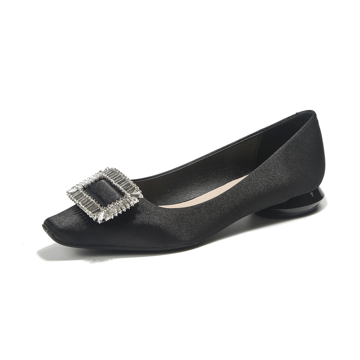 Women's Rhinestone Square Buckle Thick Pumps Satin Silk Low Flats Temperament Women's Fashion Shoes
