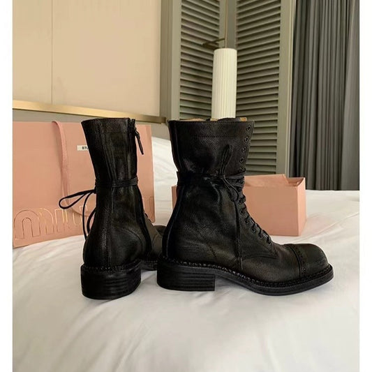 Women's French Past British Style Carving Round Toe Side Zipper Versatile Boots