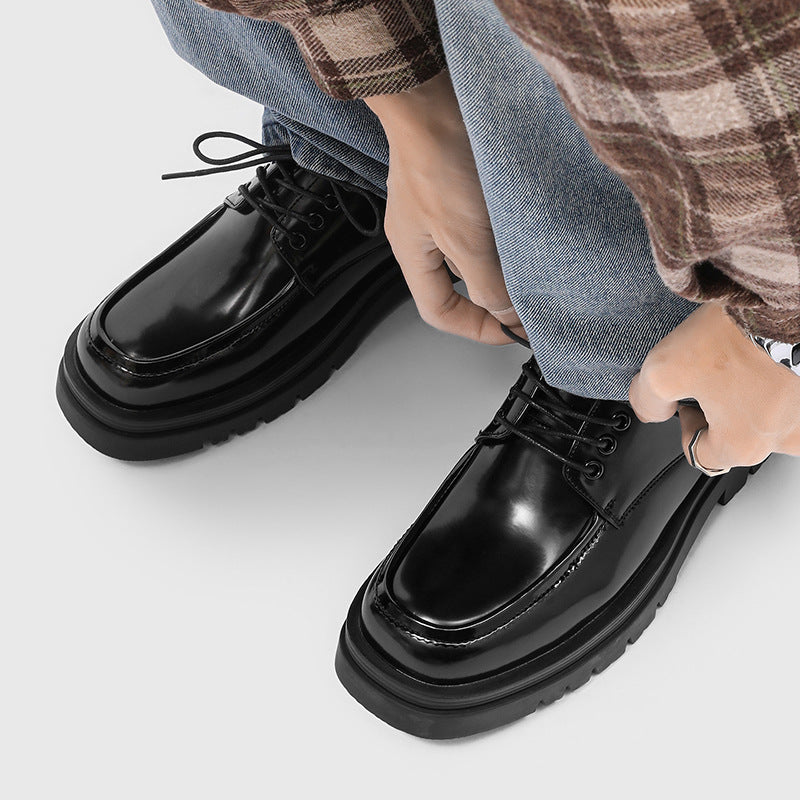 Men's Thick Bottom Hight Increasing British Style Fashion Black Men's Casual Leather Shoes