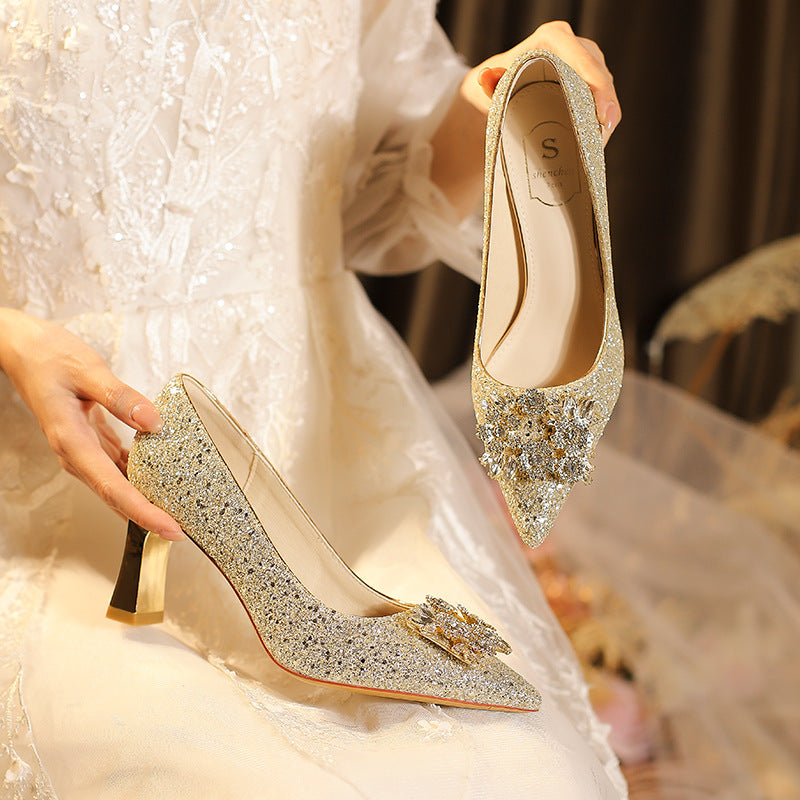 Women's Main Wedding Dress Champagne Gold French High Women's Fashion Shoes