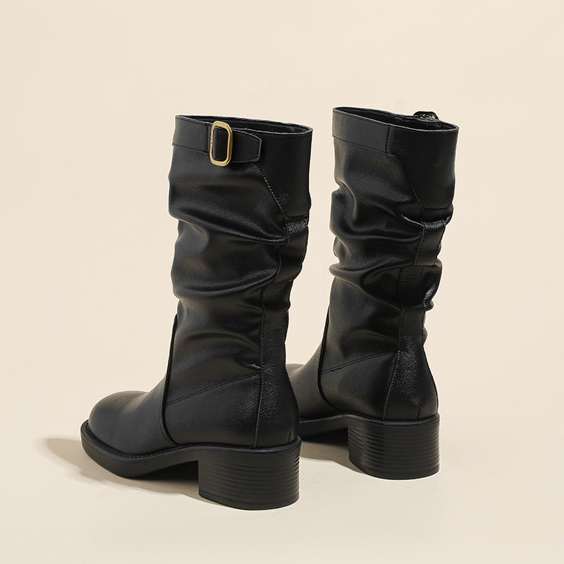Women's Vintage Crumpled Short Popular Fashion Matching Thick Women's Leather Boots