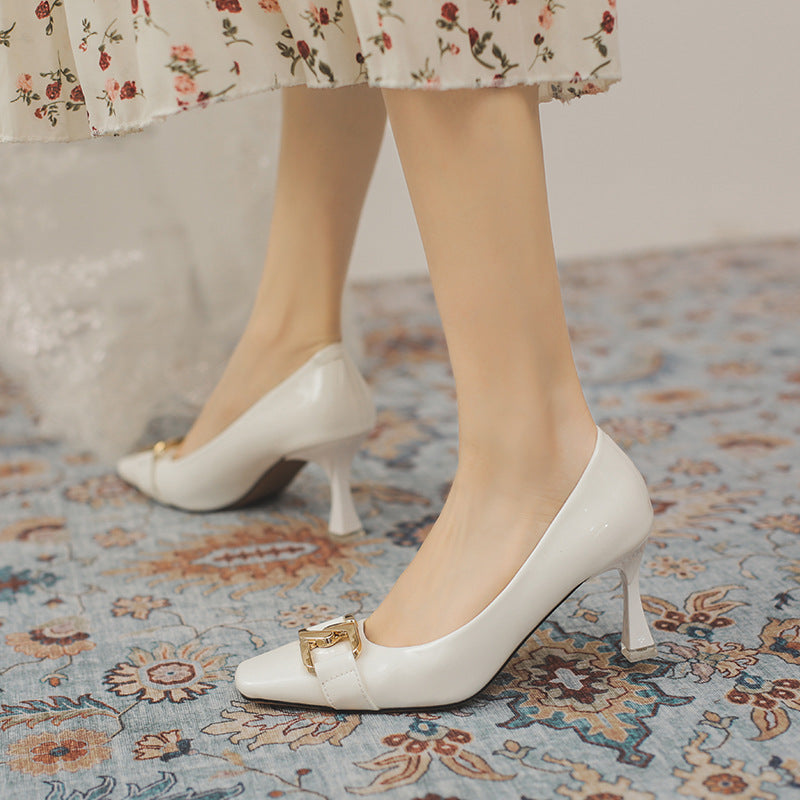 Women's Patent Spring Square Toe Stiletto Low Mouth Daily Commute Heels