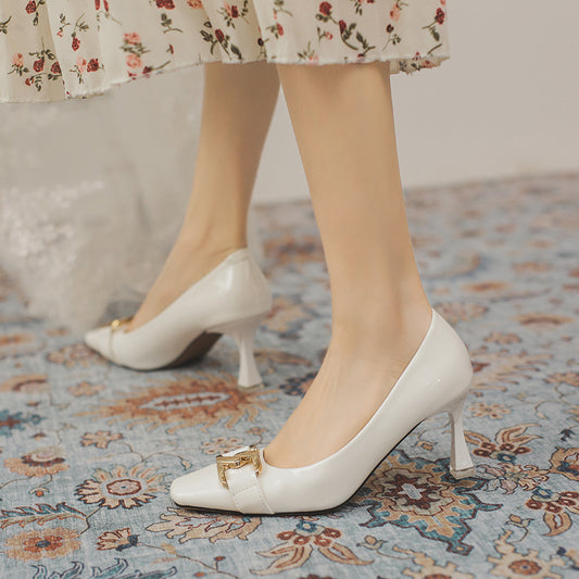 Women's Patent Spring Square Toe Stiletto Low Mouth Daily Commute Heels