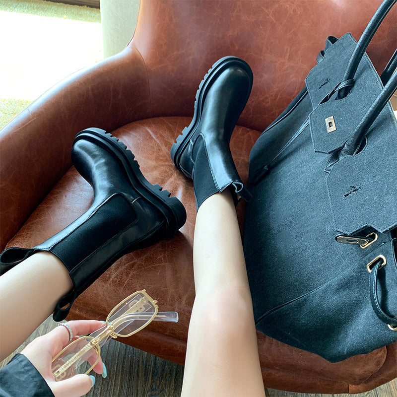 Women's Middle Platform Martin Smoke Pipe British Style Women's Leather Boots