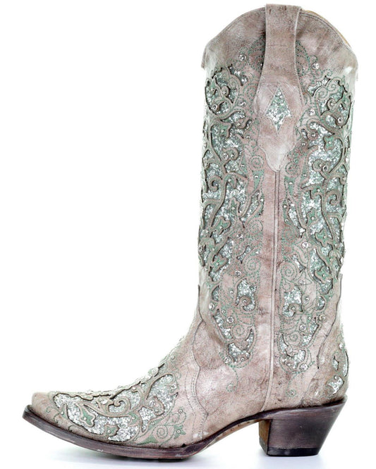 Spring Chunky Middle Rhinestone Decorative High Women's Leather Boots