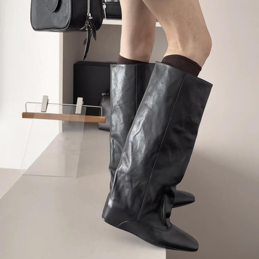 Women's Increasing Insole Wide Pleated Distressed Knight Trendy Tube Boots