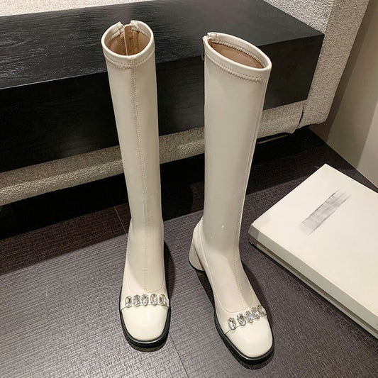 Rhinestone Round Head Chunky Knight Female Temperament High Leisure Stretch Women's Leather Boots