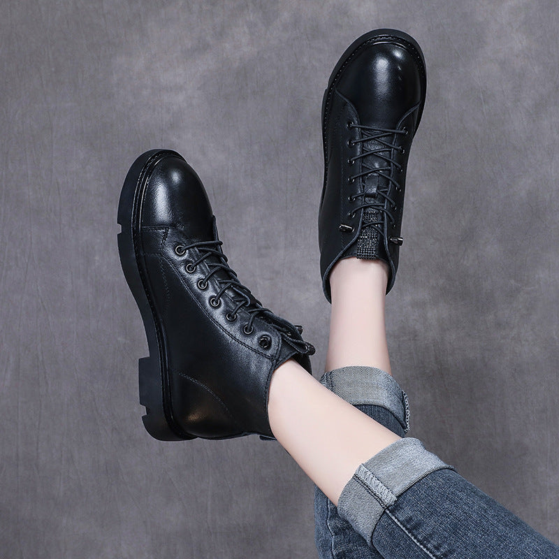 Martin Low Elastic Band Flat Comfortable Round Head Women's Leather Boots