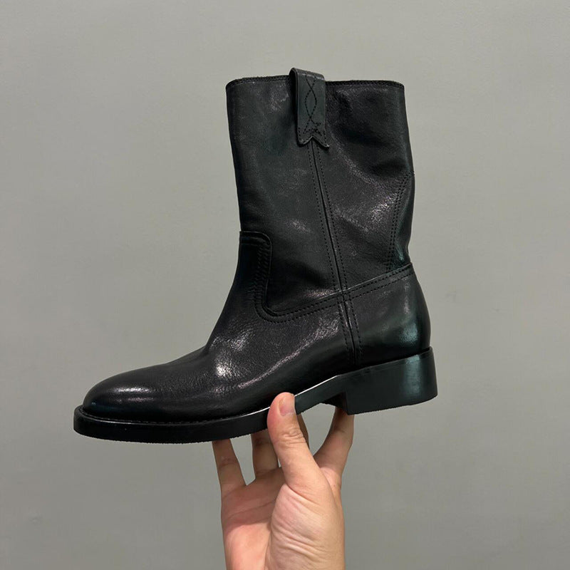 Women's Black Retro Fashion Western Denim Fashionable Chunky Women's Leather Boots