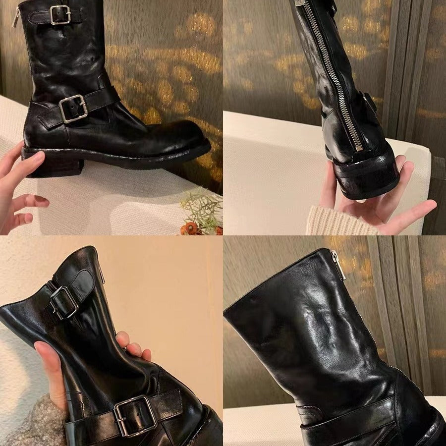 Buckle Design Horse Round Head Small Chunky Increased Look Women's Leather Boots
