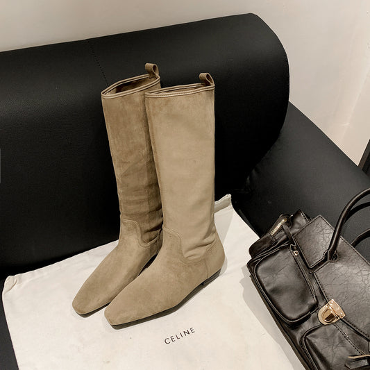 Women's Cowhide Version Retro Square Toe Pile Style Height Increasing Insole Women's Leather Boots