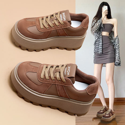 Women's Wear Thick Bottom Korean Style Versatile Height Increasing Leather Shoes
