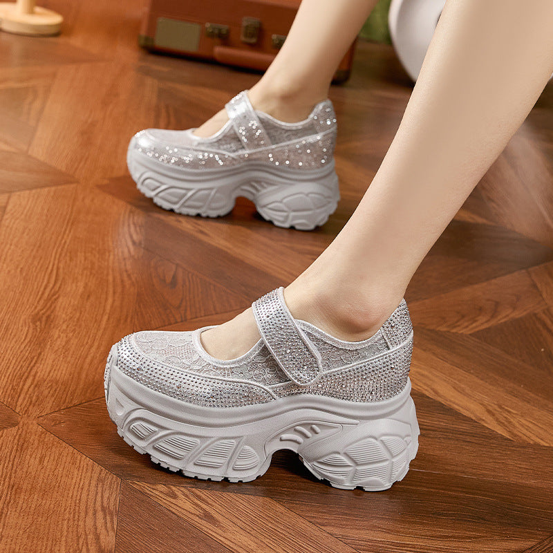 Women's Summer Thick Bottom Height Increasing Insole Mesh Velcro Rhinestone Men's Shoes