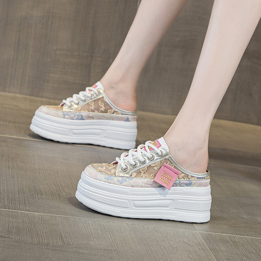 Women's Summer Breathable Half Mesh Surface White Thick Bottom Women's Casual Shoes