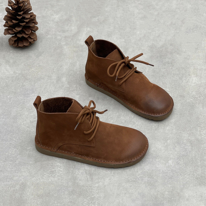 Women's First Layer Cowhide Artistic Crafts Matte Genuine Round Toe Flat Women's Leather Boots