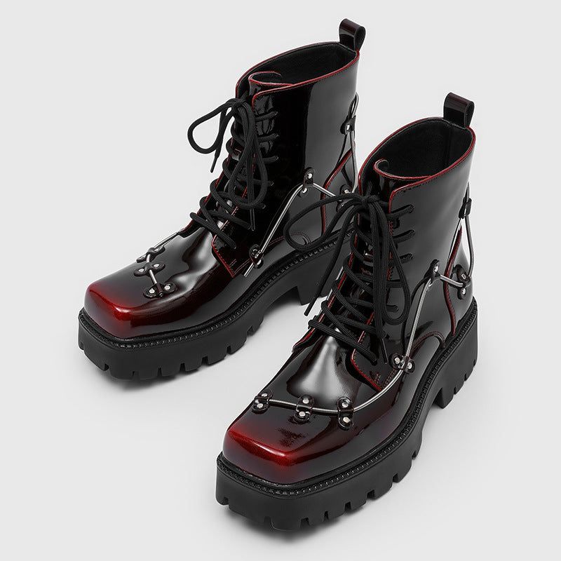 Men's British Style Niche Square Toe Handsome Short Platform Motorcycle Red Men's Martin Boots