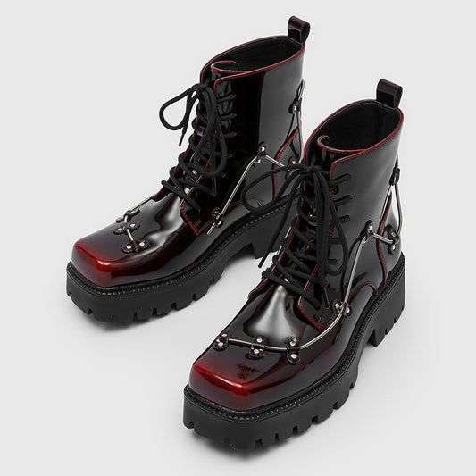 Men's British Style Niche Square Toe Handsome Short Platform Motorcycle Red Men's Martin Boots
