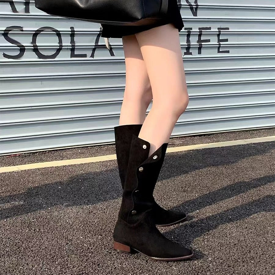 Women's Hot Lapel Pleated Pile Pointed Toe Long Tube Western Women's Leather Boots