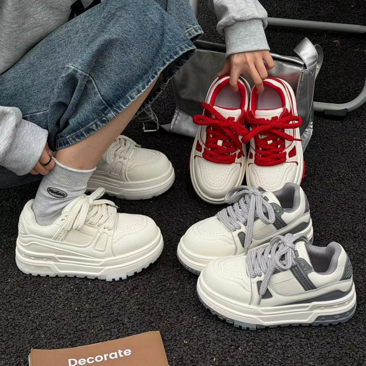 Women's Little Chubby V Home White Platform Height Increasing Four Sports Casual Shoes
