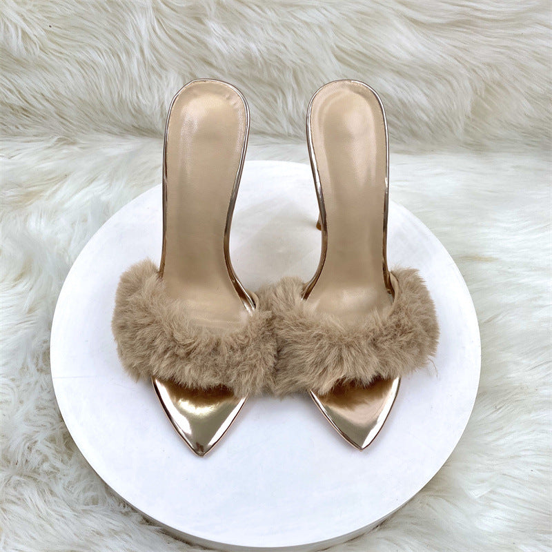 Women's Fashion Pointed Champagne Plush Stiletto Sandals