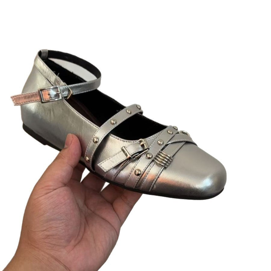 Women's Ballet Pumps Autumn Dress Design Sense Niche Square Toe Flat Leather Shoes