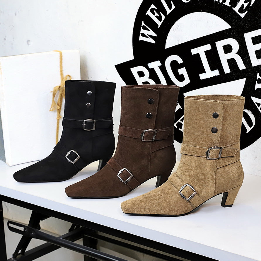 Women's Retro Design Fashion Square Toe Belt Buckle Minority Boots