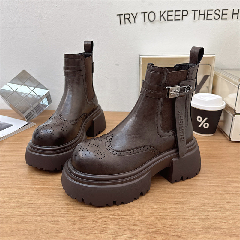 Women's Autumn British Style Thick Bottom Brogue Women's Leather Boots