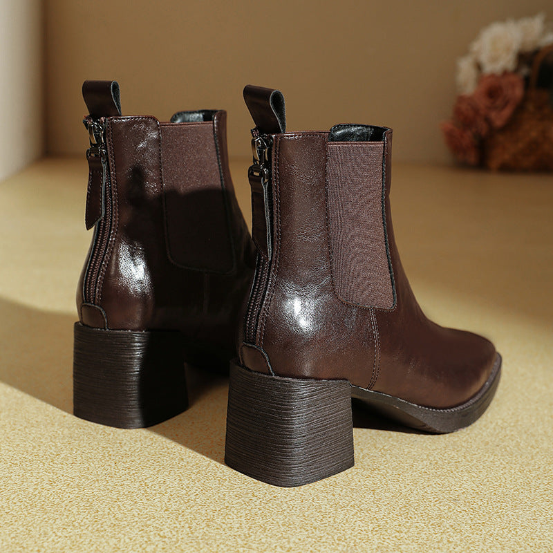 Women's High Winter Chunky Brown Mid Fashion Square Boots