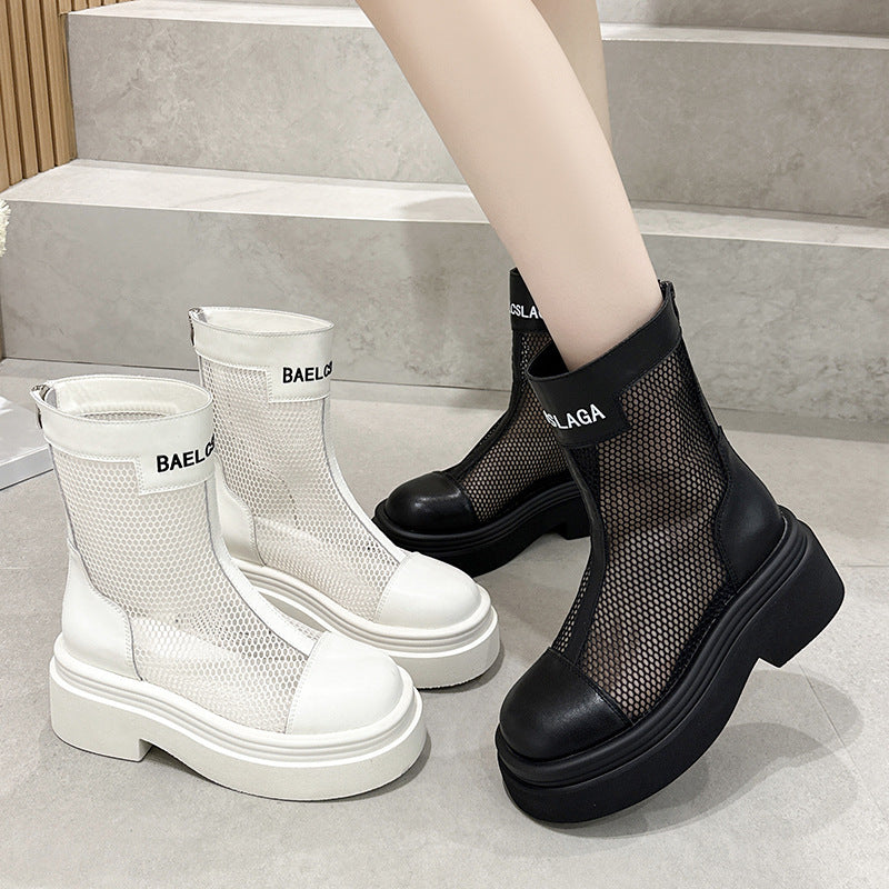 Women's Style Mesh Zipper Letters Roman Show Women's Leather Boots