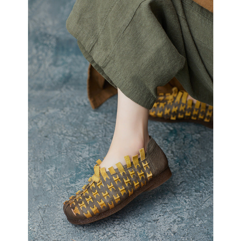 Women's Vintage Cowhide Hand-woven Soft Bottom Slip On Women's Casual Shoes